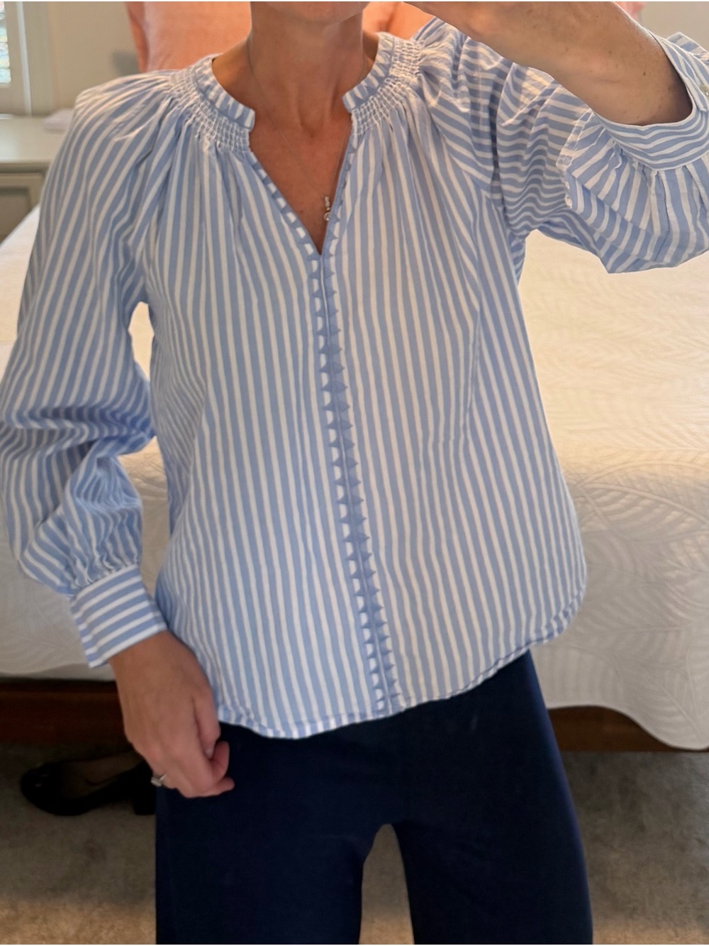 Angels Light Blue & White Striped Peasant Blouse